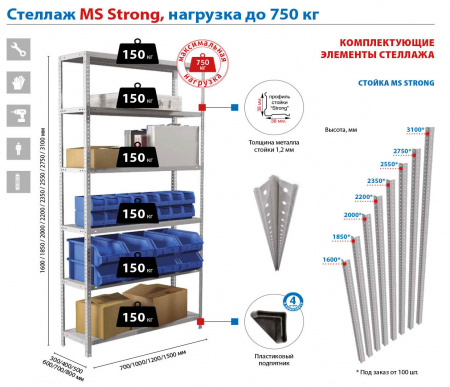 Стеллаж металлический MS STRONG 1600х1200х700 (4 полки)